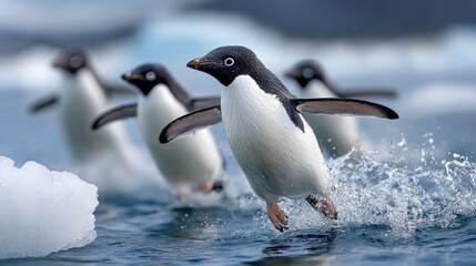 Fototapeta premium A group of penguins are swimming in the ocean. One of the penguins is jumping out of the water