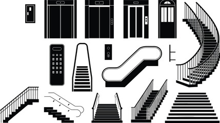 Collection of black elevator doors, staircases, escalator, spiral stairs, interior building architecture, vertical transportation symbols, modern access control, vector design set © Hey There