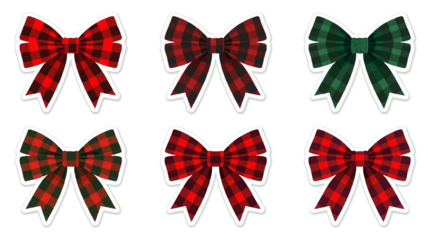  Template set sticker red and green ribbon Buffalo plaid bow collection, farmhouse style bow isolated on the white background birthday bow illustration with png Transparent 