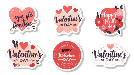  template set of stickers for Valentine's Day featuring a flat design style with bold lines, minimalist shapes, and vibrant colors, including pastel pink with png Transparent 
