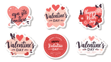  template set of stickers for Valentine's Day featuring a flat design style with bold lines, minimalist shapes, and vibrant colors, including pastel pink with png Transparent 