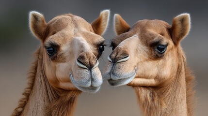 Fototapeta premium Two camels are standing next to each other, their noses touching. Concept of warmth and connection between the two animals