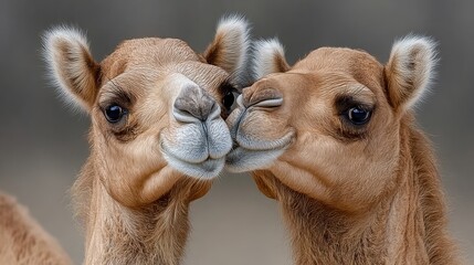 Obraz premium Two baby camels are kissing each other. Concept of warmth and affection between the two animals