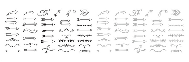 Set of various black and gray arrows on white background