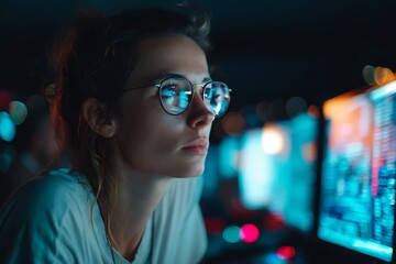 Focused female specialist monitoring complex data screens in a dark room. Symbolizes digital defense, cybersecurity vigilance, and women in STEM leading tech innovation.
