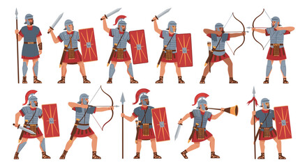 Fototapeta premium Comprehensive collection of ancient Roman soldiers in various combat poses including archers, swordsmen, spearmen, and a horn blower.