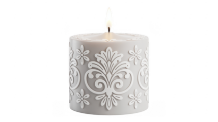 White candle with floral and flame floral burning candle isolated on a transparent background