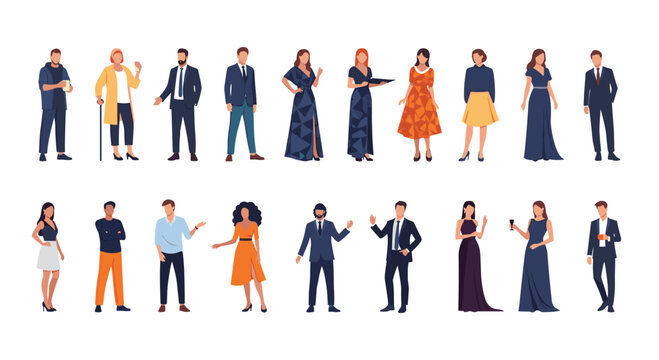 Collection of elegant men and women dressed in various formal attire and evening gowns for a cocktail party or high-society event.
