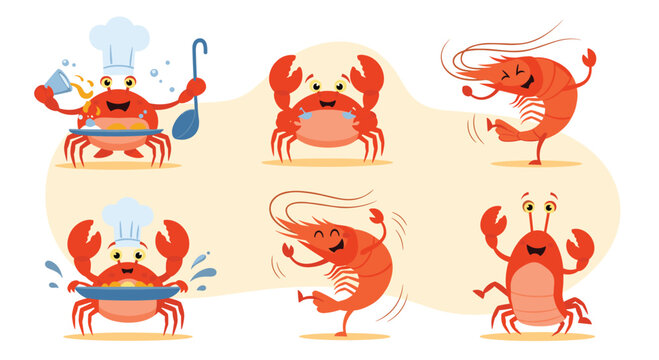 Collection of cheerful cartoon seafood characters including crabs as chefs, dancing shrimp, and a lobster enjoying themselves.