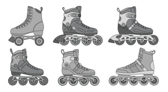 Comprehensive set of various roller skate and inline blade designs in shades of grey for sport and recreation illustrations.