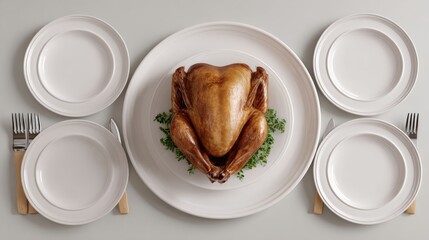 A large turkey is sitting on a plate in the center of a table with four white plates and four forks. The table setting is elegant and inviting, with the turkey as the centerpiece