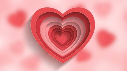 A layered red heart on a pink background with heart pattern