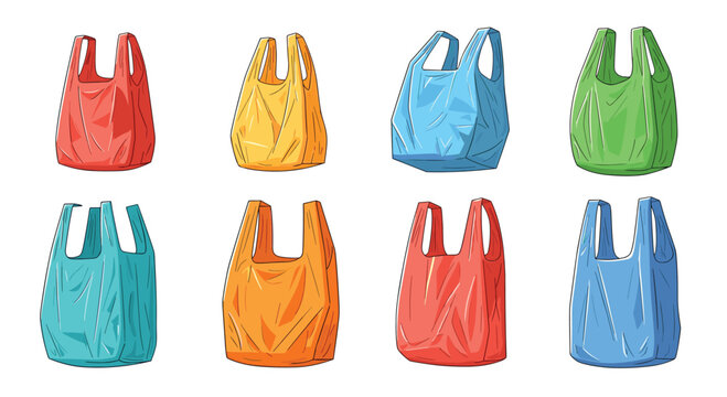 Set of colorful reusable plastic grocery bags for shopping and carrying items in various vibrant colors for retail and domestic use.