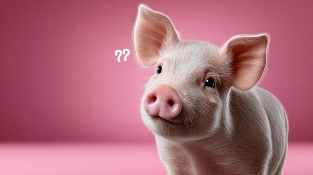 A pig with a pink background and a question mark on its face. The pig is looking at the camera and he is curious or confused