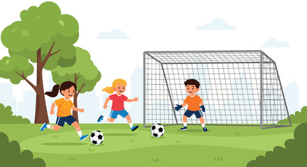 Fototapeta premium Children playing soccer on a green field with a goalpost trees and a city skyline in background.
