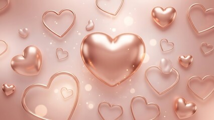 Rose gold heart pattern background with shiny hearts