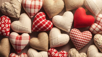 Collection of red white and beige fabric hearts