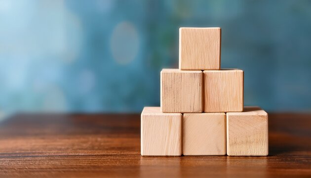 stack of six blank wooden blocks on a table copy space for text