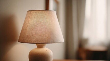 Small table lamp with a beige lampshade on it. the lamp is made of a light-colored material and has a round base with a small knob on top.