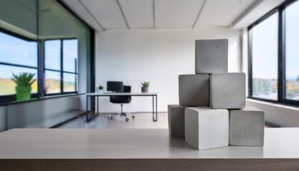 stack of concrete cubes on desk in modern office minimalist design