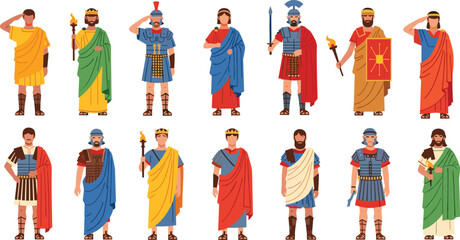 Set of ancient Roman characters vector illustration featuring emperors soldiers in armor citizens in togas and gladiators for historical and educational design projects