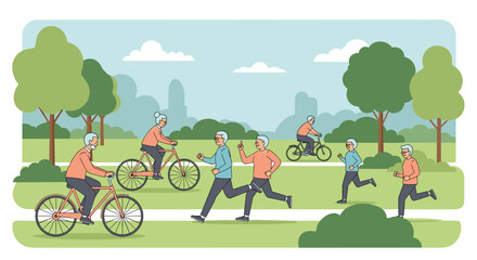 Active seniors enjoying various outdoor activities like cycling, jogging, and walking in a beautiful public park for healthy aging concepts.