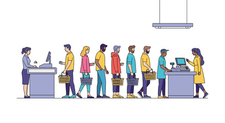 Diverse group of customers waiting in line at supermarket checkout counters with shopping baskets and groceries for retail and consumerism themes.