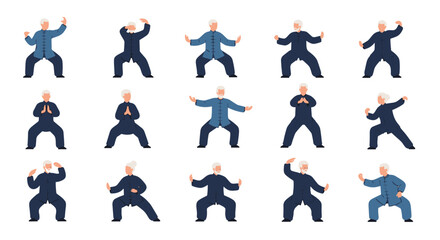 Extensive set of senior men and women practicing various Tai Chi and Qigong poses for meditation, balance, and physical health.