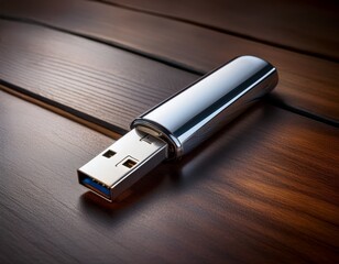 sleek modern chrome usb flash drive rests on a polished wooden desk ready for instant data transfer and secure storage
