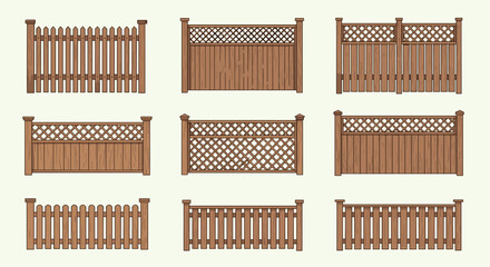 Selection of different wooden fence and gate designs including picket, lattice, and solid panels for residential property boundary concepts.