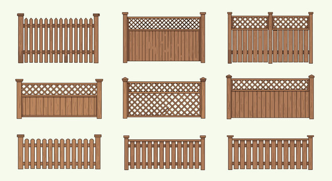 Selection of different wooden fence and gate designs including picket, lattice, and solid panels for residential property boundary concepts.