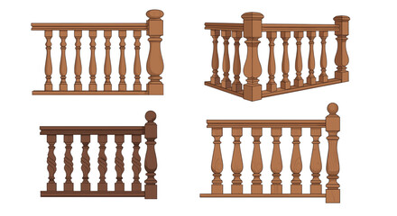 Collection of wooden balusters and railings for staircases or balconies shown in various perspectives and designs.