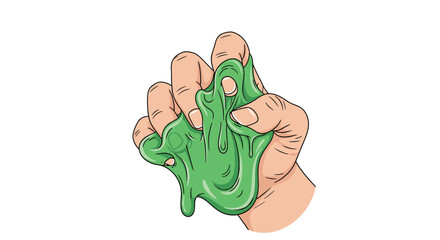 Human hand squeezing a large amount of bright green slime or gooey substance showing texture and dripping motion.