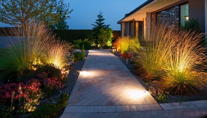 modern gardening landscaping design details illuminated pathway in front of residential house landscape garden with ambient lighting system installation highlighting flowers plants