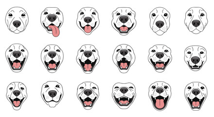 Diverse collection of smiling dog face expressions and various breeds depicted in a clean illustrative style.