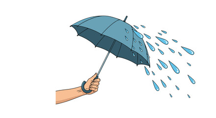 Person holding a blue umbrella to shield themselves from falling raindrops in a conceptual weather illustration.