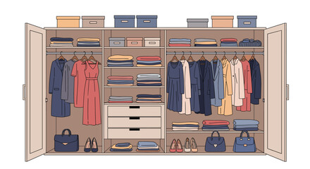 Large open wardrobe filled with neatly organized clothing, dresses, coats, boxes, and fashion accessories inside.
