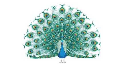 Majestic peacock with its colorful iridescent tail feathers fully displayed in a magnificent symmetrical fan shape.
