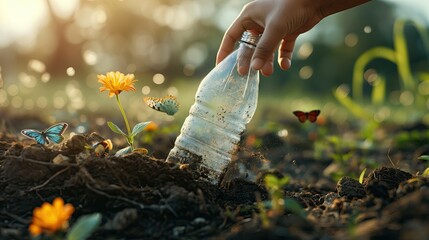Human Hand Picking Up Plastic Bottle from Soil to Save Nature and Environment Environmental Protection and Cleanup Concept