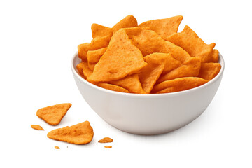 Tortilla chips filling a white bowl, offering a crunchy snack for party appetizers, with a transparent background