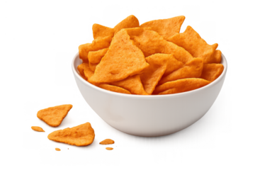 Tortilla chips filling a white bowl, offering a crunchy snack for party appetizers, with a transparent background