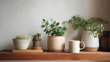 Wooden shelf with a variety of potted plants on it. on the left side of the shelf, there is a small potted plant with green leaves. next to it, there are two small pots with succulents in them.