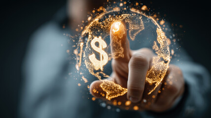 Man interacting with glowing globe symbolizing finance and global economy