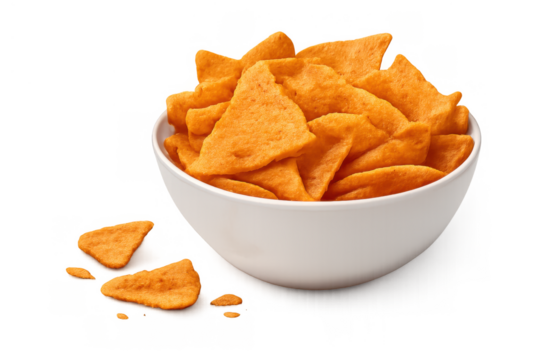 Tortilla chips filling a white bowl, offering a crunchy snack for party appetizers, with a transparent background - Powered by Adobe