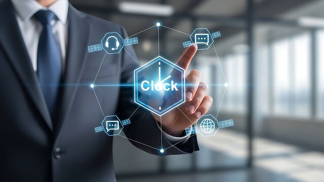Businessman interacting with futuristic clock interface in modern office - Powered by Adobe