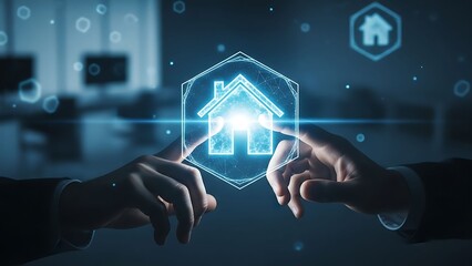 Hands interacting with glowing digital house icon in modern tech environment