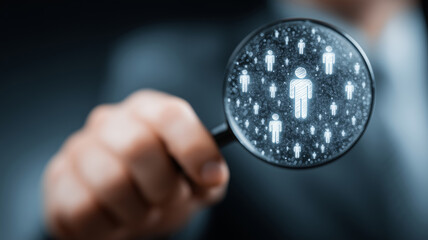 Businessman exploring talent opportunities with a magnifier in a modern office