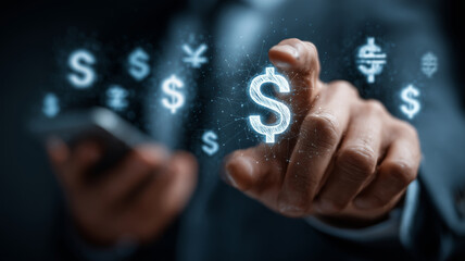 Businessman engaging with digital currency symbols while holding a phone