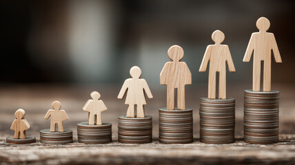 Growth and prosperity illustrated through figures and coins together