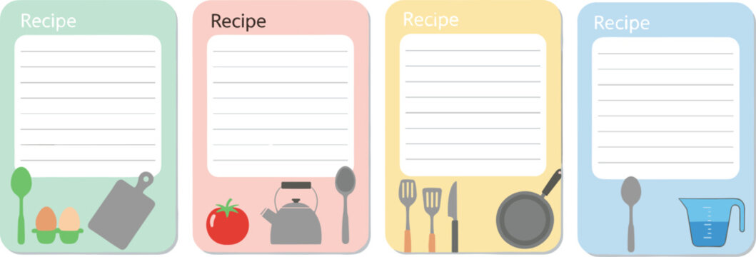 Set of colorful recipe card templates vector illustration featuring kitchen tools and ingredients for meal planning cooking instructions and cookbook organization projects